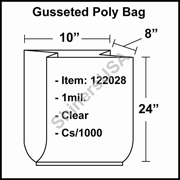 1 mil Gusseted Plastic Poly Bag 10" x 8" x 24" Clear cs/1000