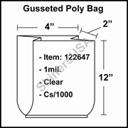 1 mil Gusseted Plastic Poly Bag 4" x 2" x 12" Clear cs/1000