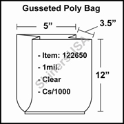 1 mil Gusseted Plastic Poly Bag 5" x 3.5" x 12" Clear cs/1000