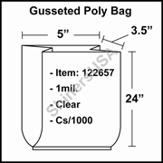 1 mil Gusseted Plastic Poly Bag 5" x 3.5" x 24" Clear cs/1000