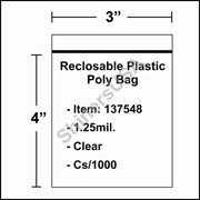 1.25 mil Reclosable Plastic Poly Bag 3" x 4" Clear cs/1000