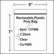 1.25 mil Reclosable Plastic Poly Bag 5" x 7" Clear cs/1000