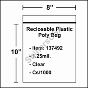 1.25 mil Reclosable Plastic Poly Bag 8" x 10" Clear cs/1000