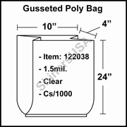 1.5 mil Gusseted Plastic Poly Bag 10" x 4" x 24" Clear cs/1000
