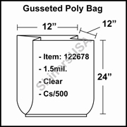 1.5 mil Gusseted Plastic Poly Bag 12" x 12" x 24" Clear cs/500