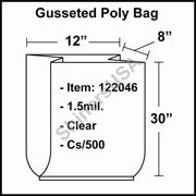 1.5 mil Gusseted Plastic Poly Bag 12" x 8" x 30" Clear cs/500
