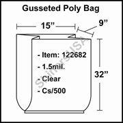 1.5 mil Gusseted Plastic Poly Bag 15" x 9" x 32" Clear cs/500