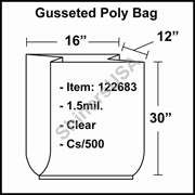 1.5 mil Gusseted Plastic Poly Bag 16" x 12" x 30" Clear cs/500