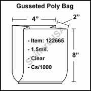1.5 mil Gusseted Plastic Poly Bag 4" x 2" x 8" Clear cs/1000