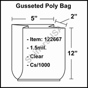 1.5 mil Gusseted Plastic Poly Bag 5" x 2" x 12" Clear cs/1000