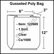 1.5 mil Gusseted Plastic Poly Bag 6" x 3" x 12" Clear cs/1000