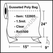 1.5-mil Gusseted Poly Bag 15" x 9" x 24" Clear - RL/500