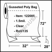 1.5-mil Gusseted Poly Bag 32" x 28" x 72" Clear RL/135