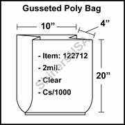 2 mil Gusseted Plastic Poly Bag 10" x 4" x 20" Clear cs/1000