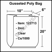 2 mil Gusseted Plastic Poly Bag 10" x 6" x 20" Clear cs/1000
