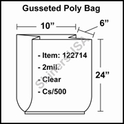 2 mil Gusseted Plastic Poly Bag 10" x 6" x 24" Clear cs/500