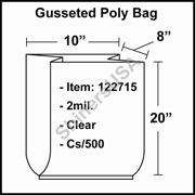 2 mil Gusseted Plastic Poly Bag 10" x 8" x 20" Clear cs/500