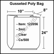 2 mil Gusseted Plastic Poly Bag 10" x 8" x 24" Clear cs/500