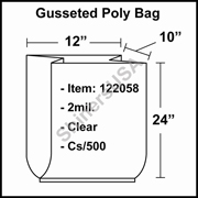 2 mil Gusseted Plastic Poly Bag 12" x 10" x 24" Clear cs/500