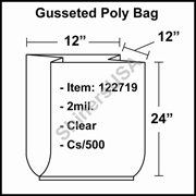 2 mil Gusseted Plastic Poly Bag 12" x 12" x 24" Clear cs/500