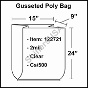 2 mil Gusseted Plastic Poly Bag 15" x 9" x 24" Clear cs/500