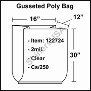 2 mil Gusseted Plastic Poly Bag 16" x 12" x 30" Clear cs/250