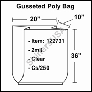 2 mil Gusseted Plastic Poly Bag 20" x 10" x 36" Clear cs/250