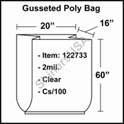 2 mil Gusseted Plastic Poly Bag 20" x 16" x 60" Clear cs/100
