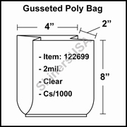 2 mil Gusseted Plastic Poly Bag 4" x 2" x 8" Clear cs/1000