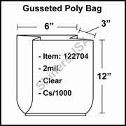 2 mil Gusseted Plastic Poly Bag 6" x 3" x 12" Clear cs/1000