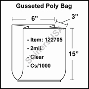 2 mil Gusseted Plastic Poly Bag 6" x 3" x 15" Clear cs/1000