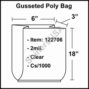 2 mil Gusseted Plastic Poly Bag 6" x 3" x 18" Clear cs/1000