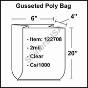 2 mil Gusseted Plastic Poly Bag 6" x 4" x 20" Clear cs/1000