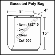 2 mil Gusseted Plastic Poly Bag 8" x 4" x 15" Clear cs/1000