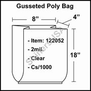 2 mil Gusseted Plastic Poly Bag 8" x 4" x 18" Clear cs/1000
