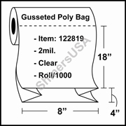 2 mil Gusseted Plastic Poly Bag 8" x 4" x 18" Clear - RL/1000