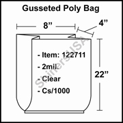 2 mil Gusseted Plastic Poly Bag 8" x 4" x 22" Clear cs/1000