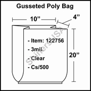 3 mil Gusseted Plastic Poly Bag 10" x 4" x 20" Clear cs/500