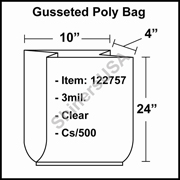 3 mil Gusseted Plastic Poly Bag 10" x 4" x 24" Clear cs/500