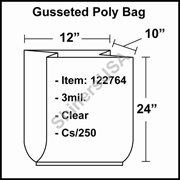 3 mil Gusseted Plastic Poly Bag 12" x 10" x 24" Clear cs/250