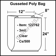 3 mil Gusseted Plastic Poly Bag 12" x 8" x 24" Clear cs/500