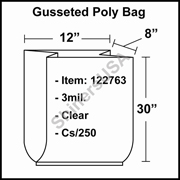 3 mil Gusseted Plastic Poly Bag 12" x 8" x 30" Clear cs/250