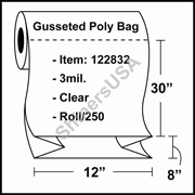 3 mil Gusseted Plastic Poly Bag 12" x 8" x 30" Clear - RL/250