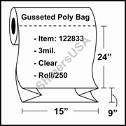 3 mil Gusseted Plastic Poly Bag 15" x 9" x 24" Clear - RL/250