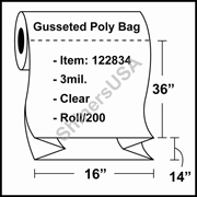 3 mil Gusseted Plastic Poly Bag 16" x 14" x 36" Clear - RL/200