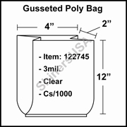 3 mil Gusseted Plastic Poly Bag 4" x 2" x 12" Clear cs/1000