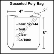 3 mil Gusseted Plastic Poly Bag 4" x 2" x 8" Clear cs/1000