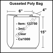 3 mil Gusseted Plastic Poly Bag 6" x 4" x 15" Clear cs/1000