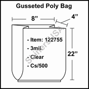 3 mil Gusseted Plastic Poly Bag 8" x 4" x 22" Clear cs/500
