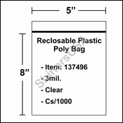 3 mil Reclosable Plastic Poly Bag 5" x 8" Clear cs/1000